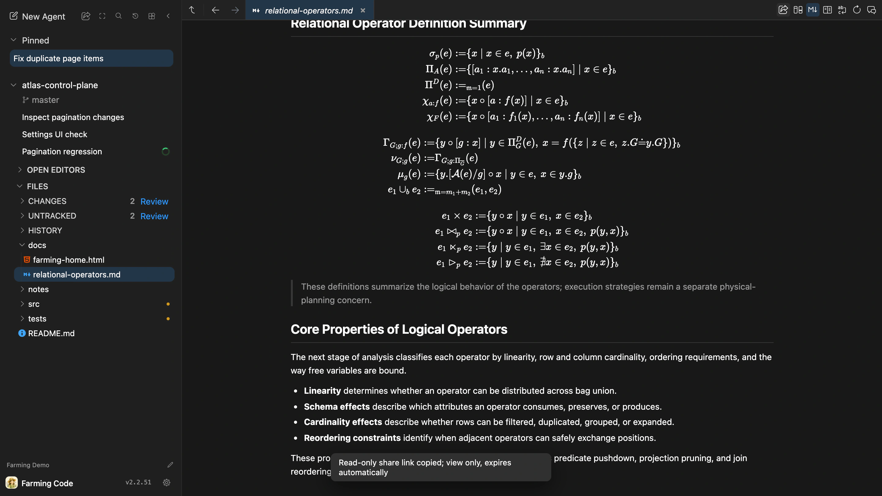 Relational operator Markdown preview in Files