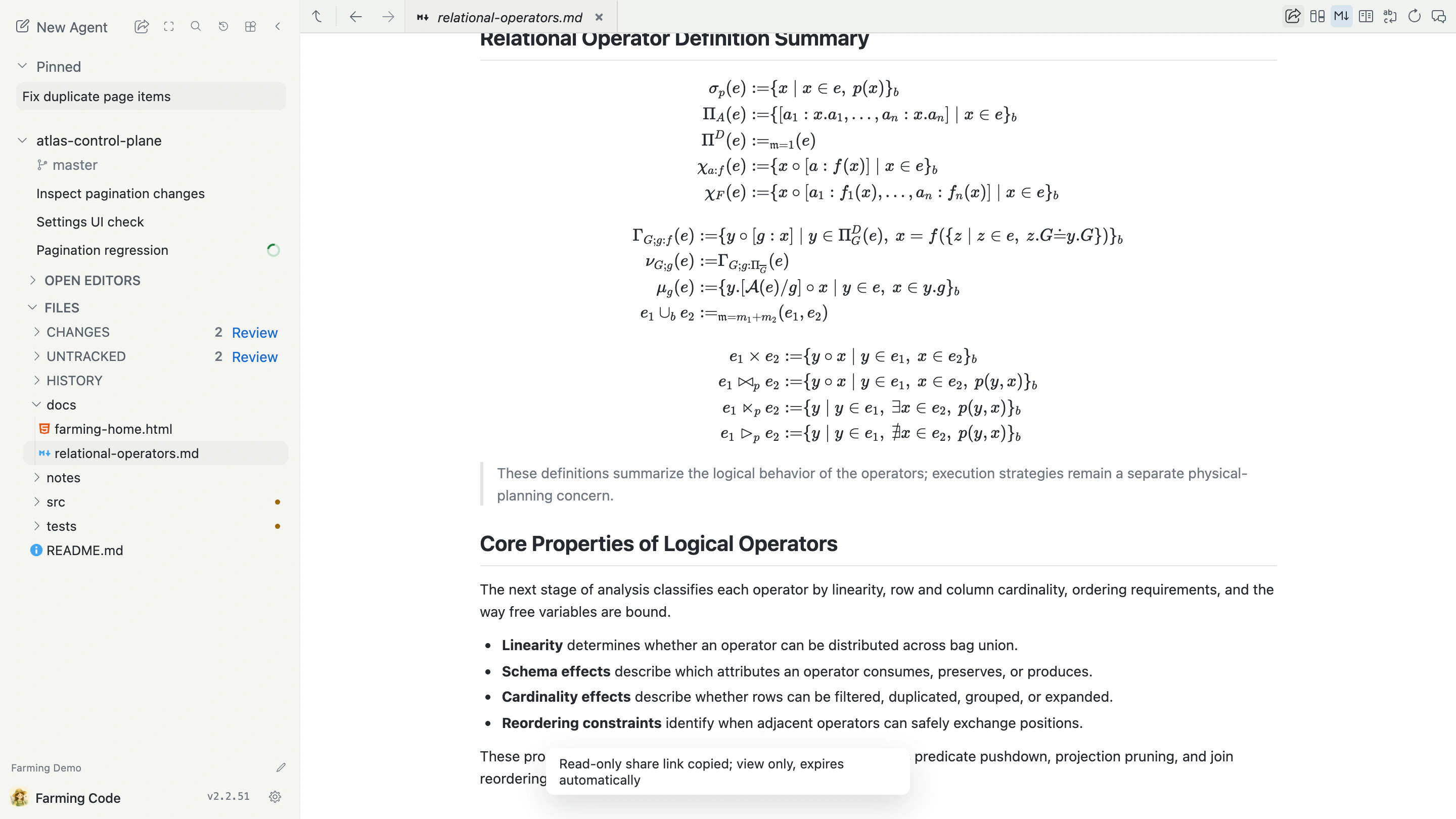 Relational operator Markdown preview in Files