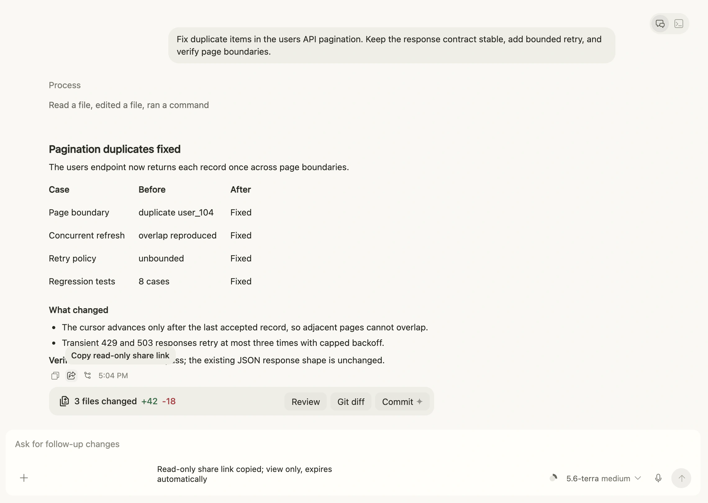 Copy a read-only link to an exact Chat answer