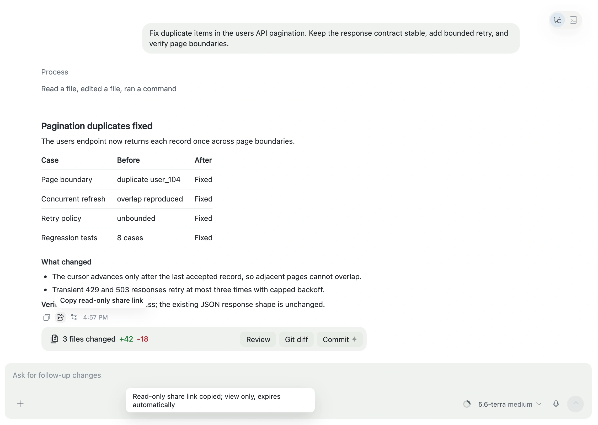 Copy a read-only link to an exact Chat answer
