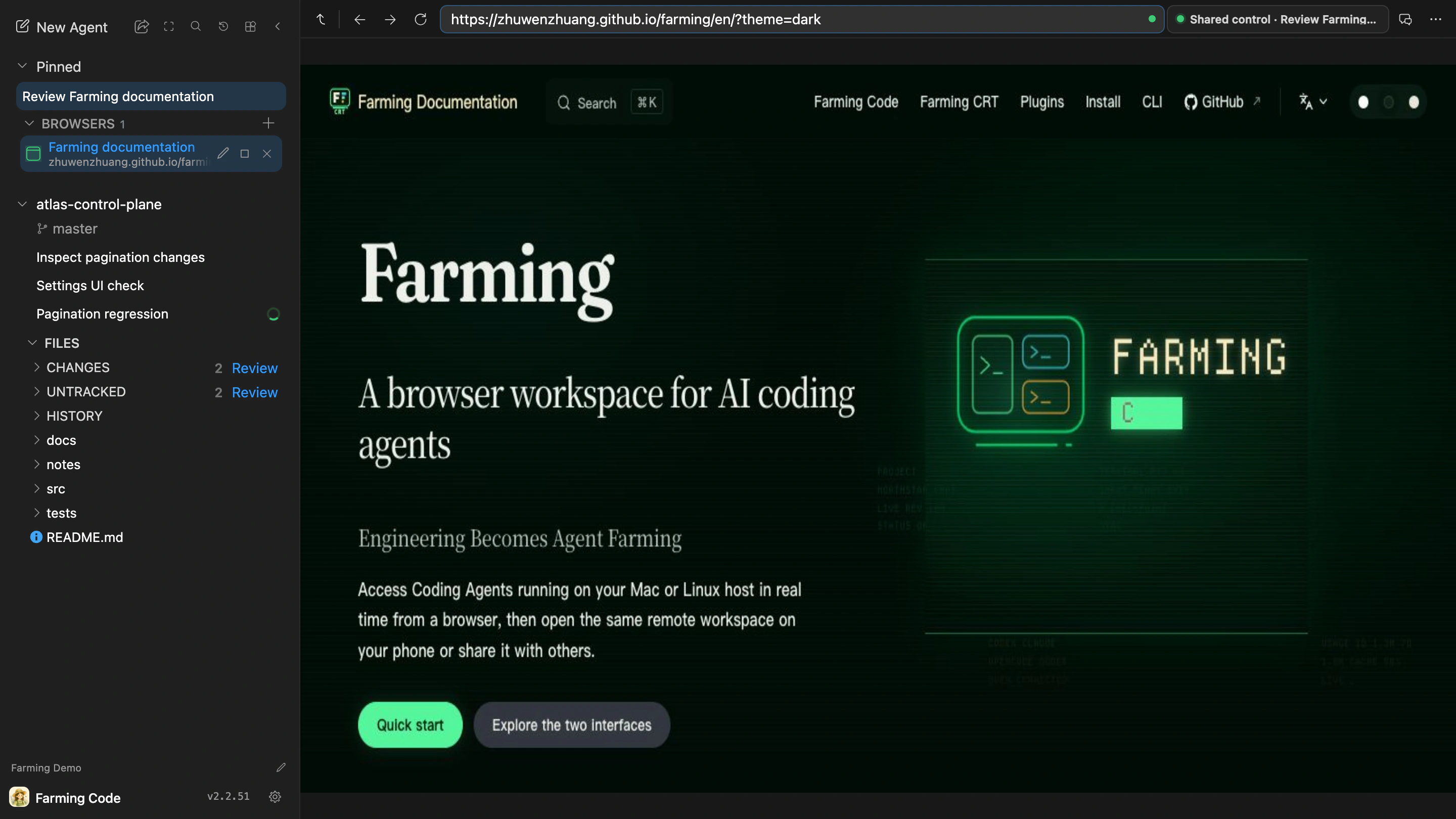 A webpage open in Farming Browser