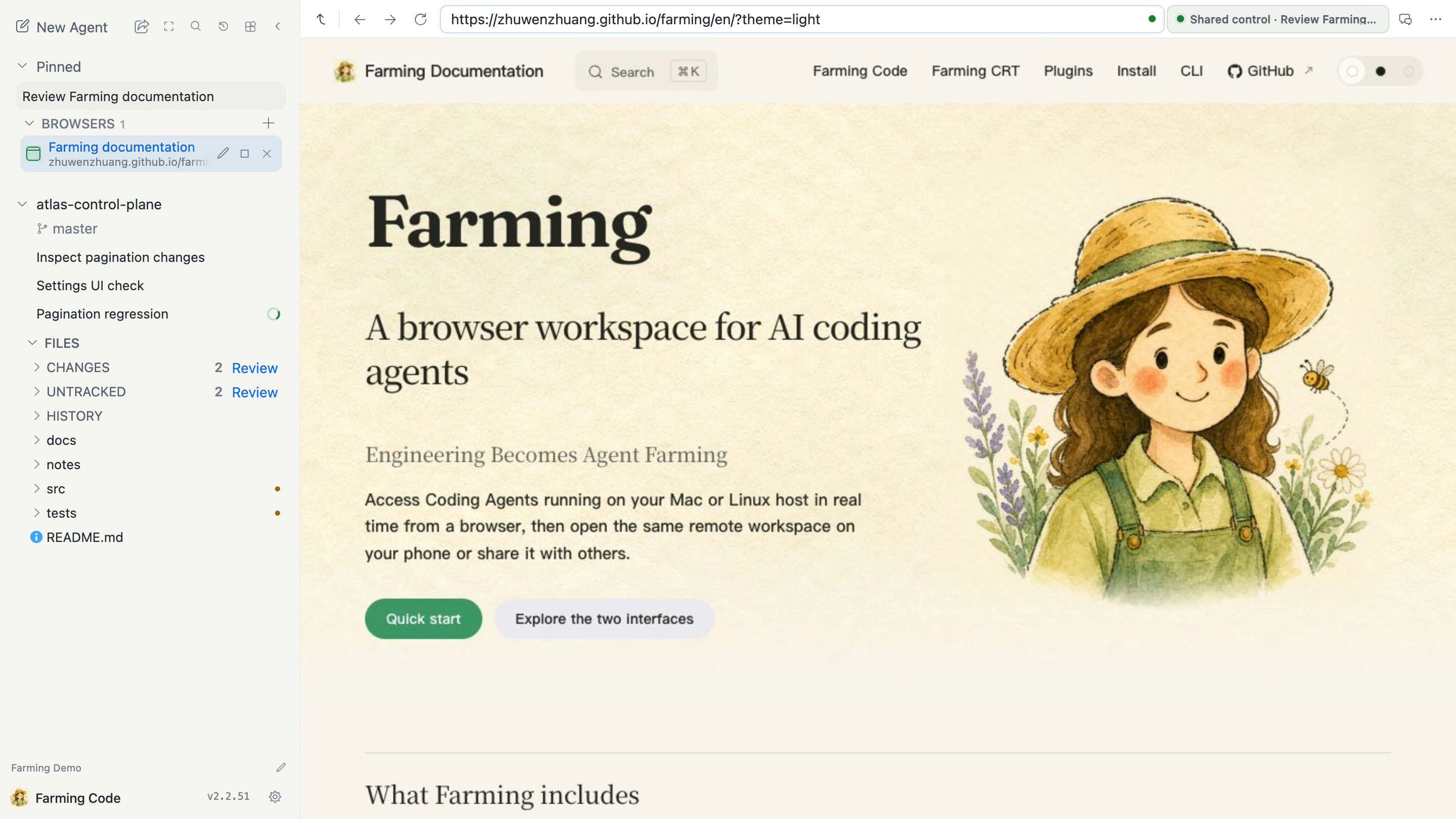 A webpage open in Farming Browser
