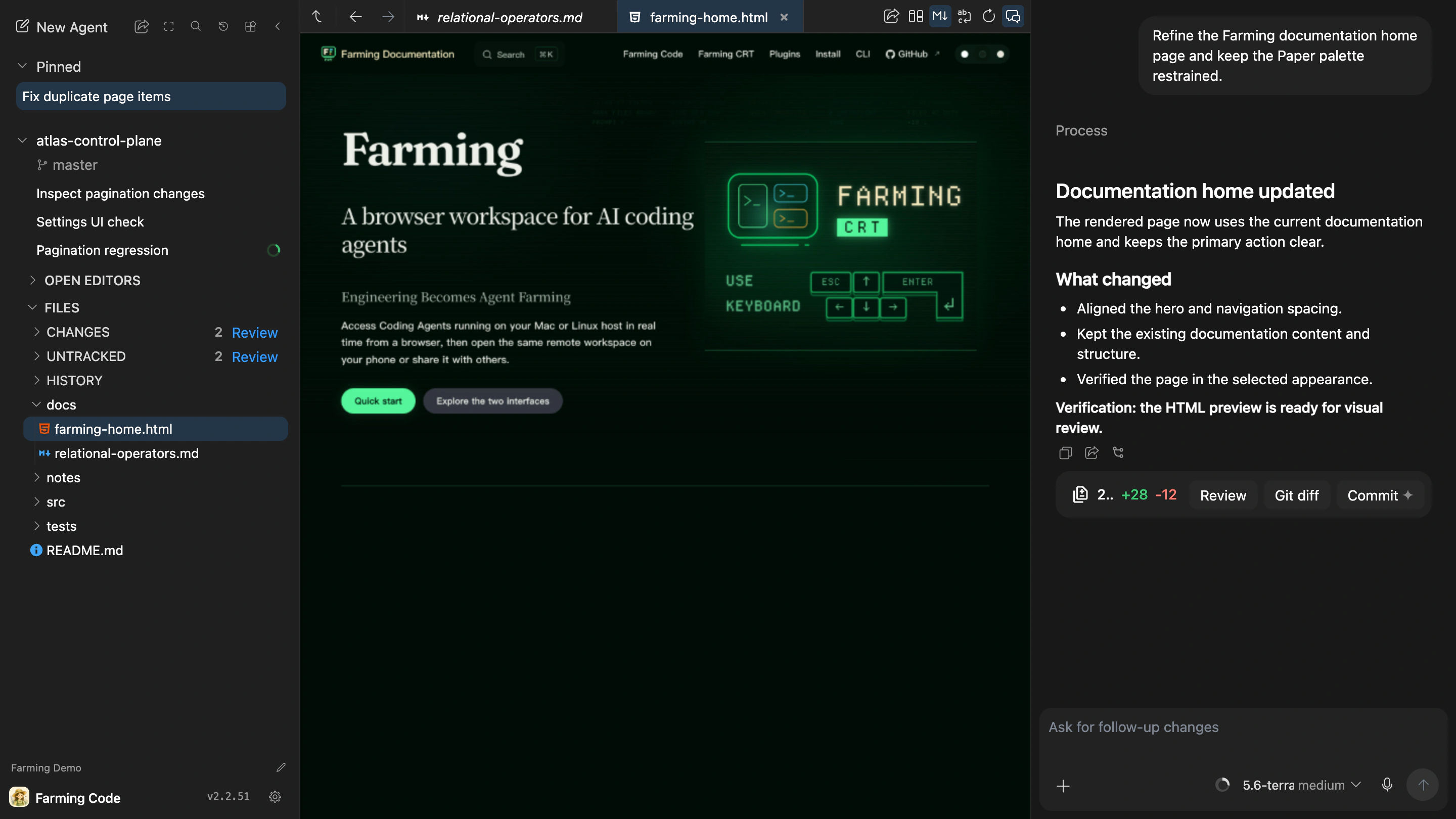 Farming documentation home page HTML preview in Files with Agent Chat open beside it