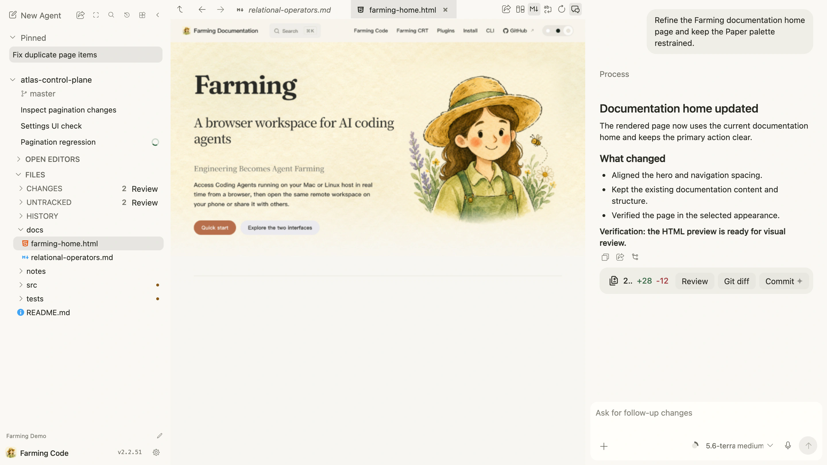 Farming documentation home page HTML preview in Files with Agent Chat open beside it