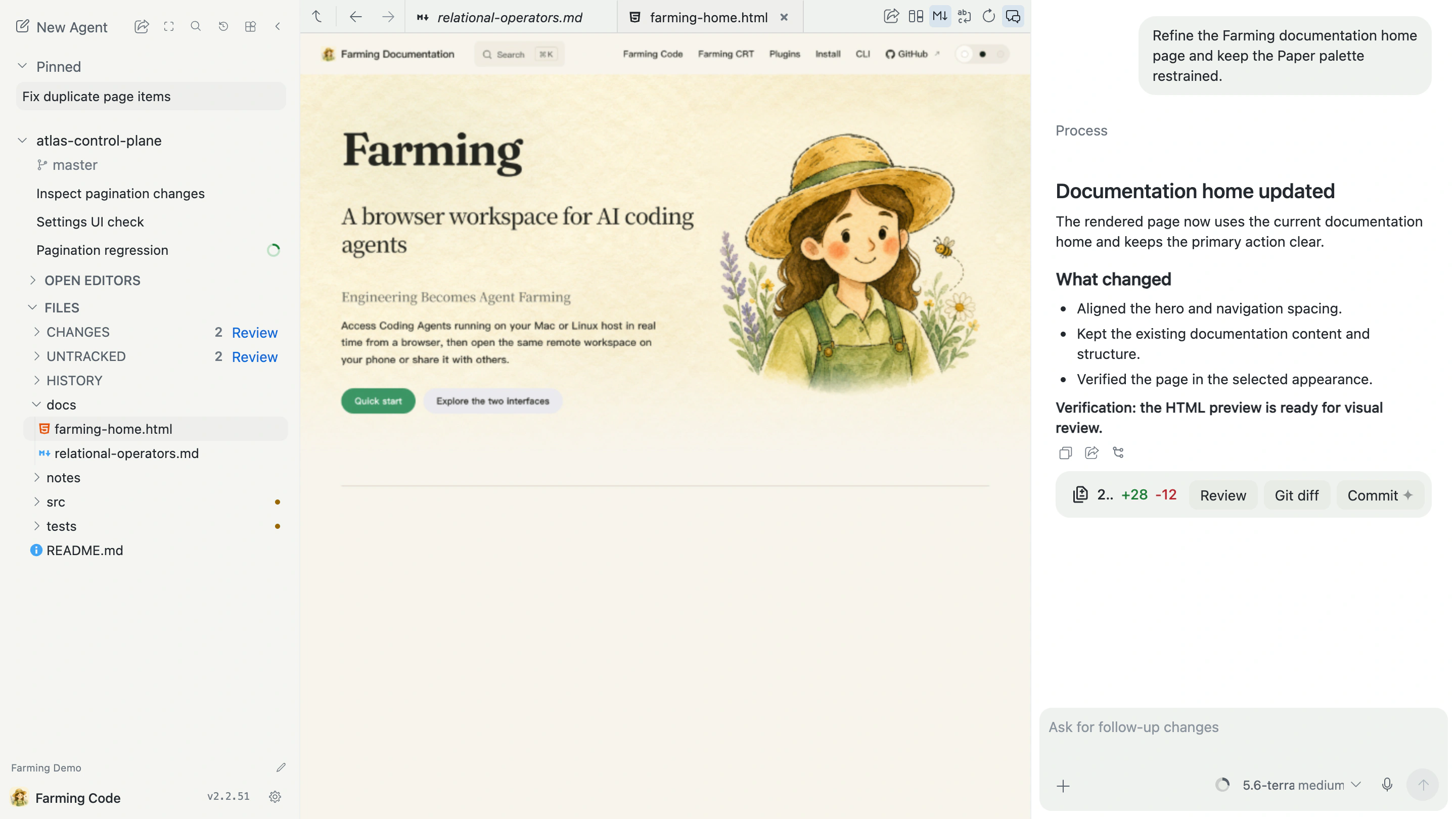 Farming documentation home page HTML preview in Files with Agent Chat open beside it