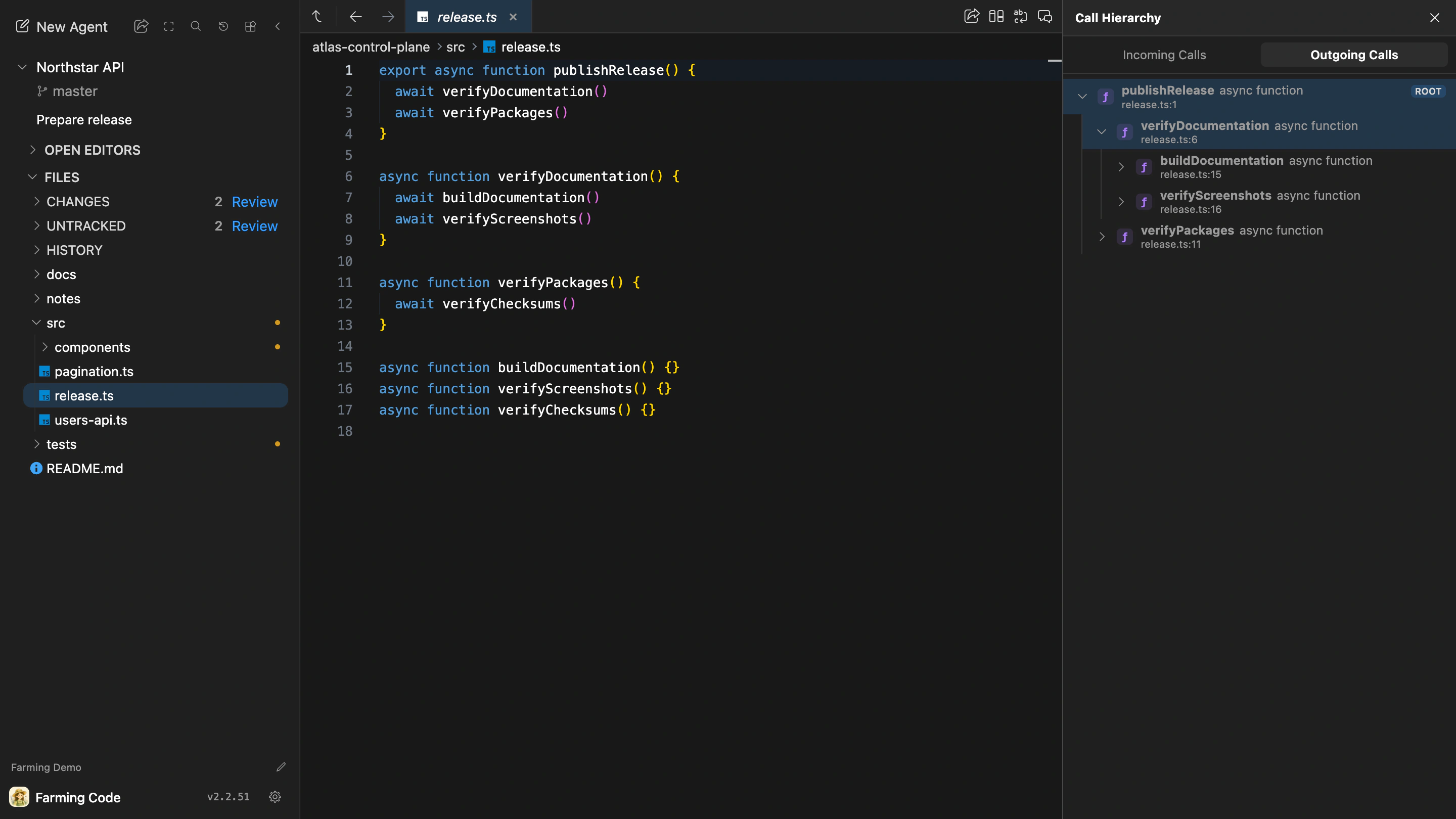 Language Server call hierarchy expanded beside the Files editor