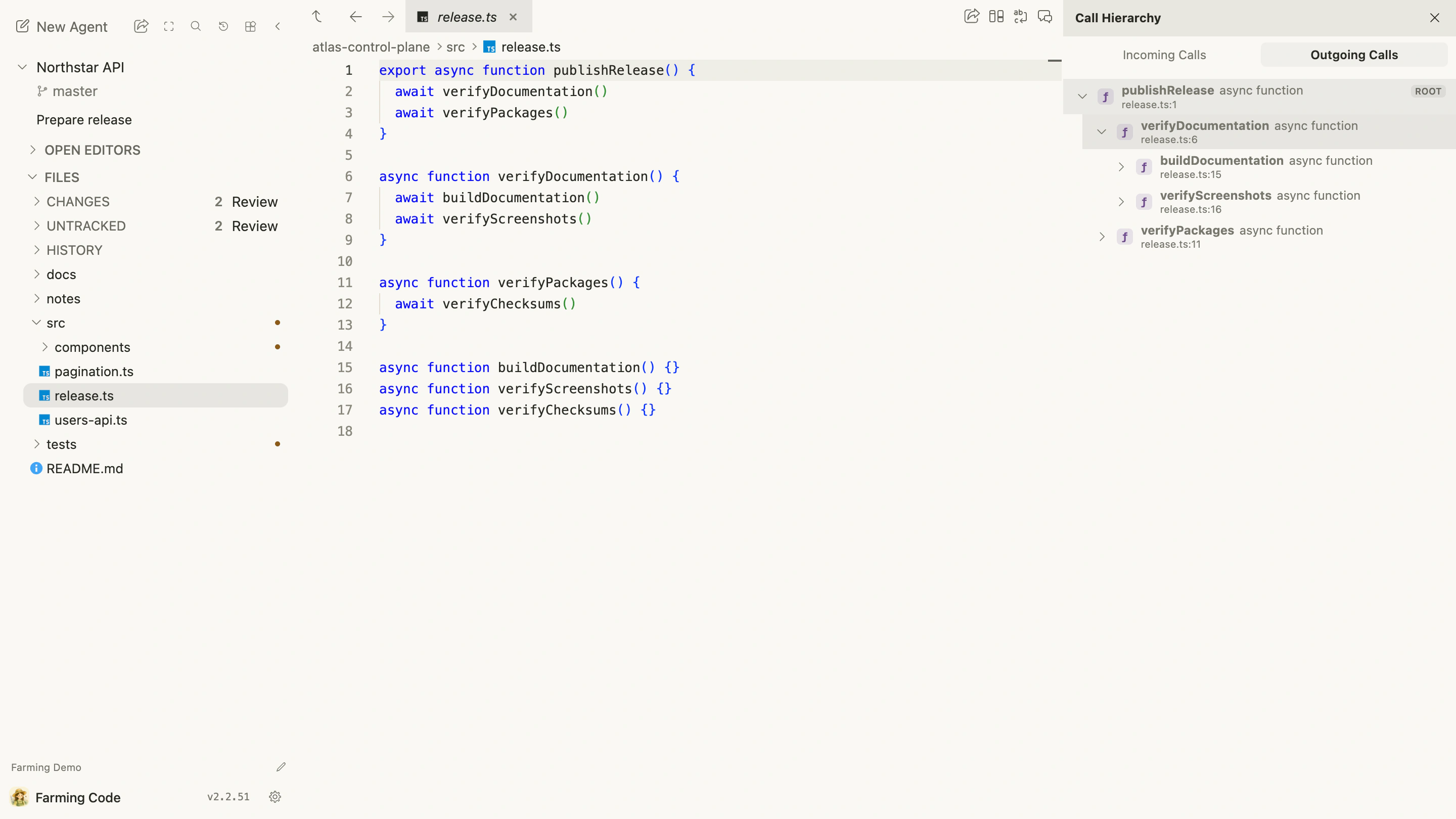 Language Server call hierarchy expanded beside the Files editor
