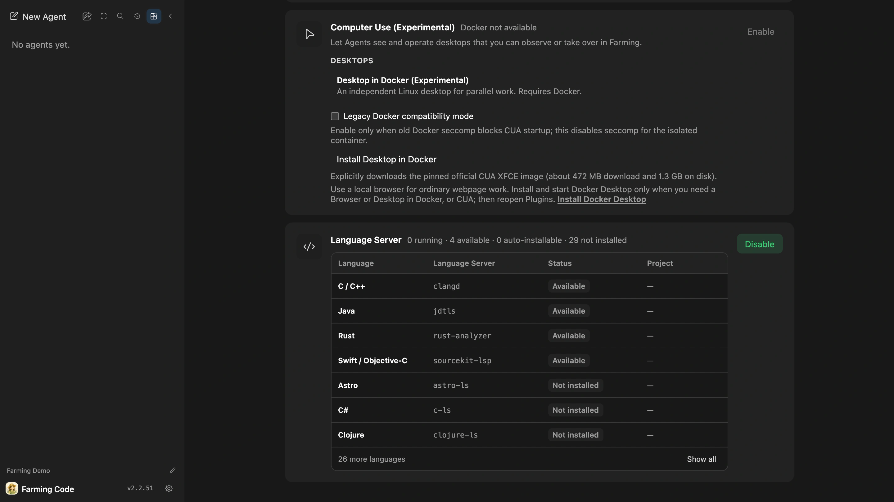 Language Server status and language inventory in Plugins