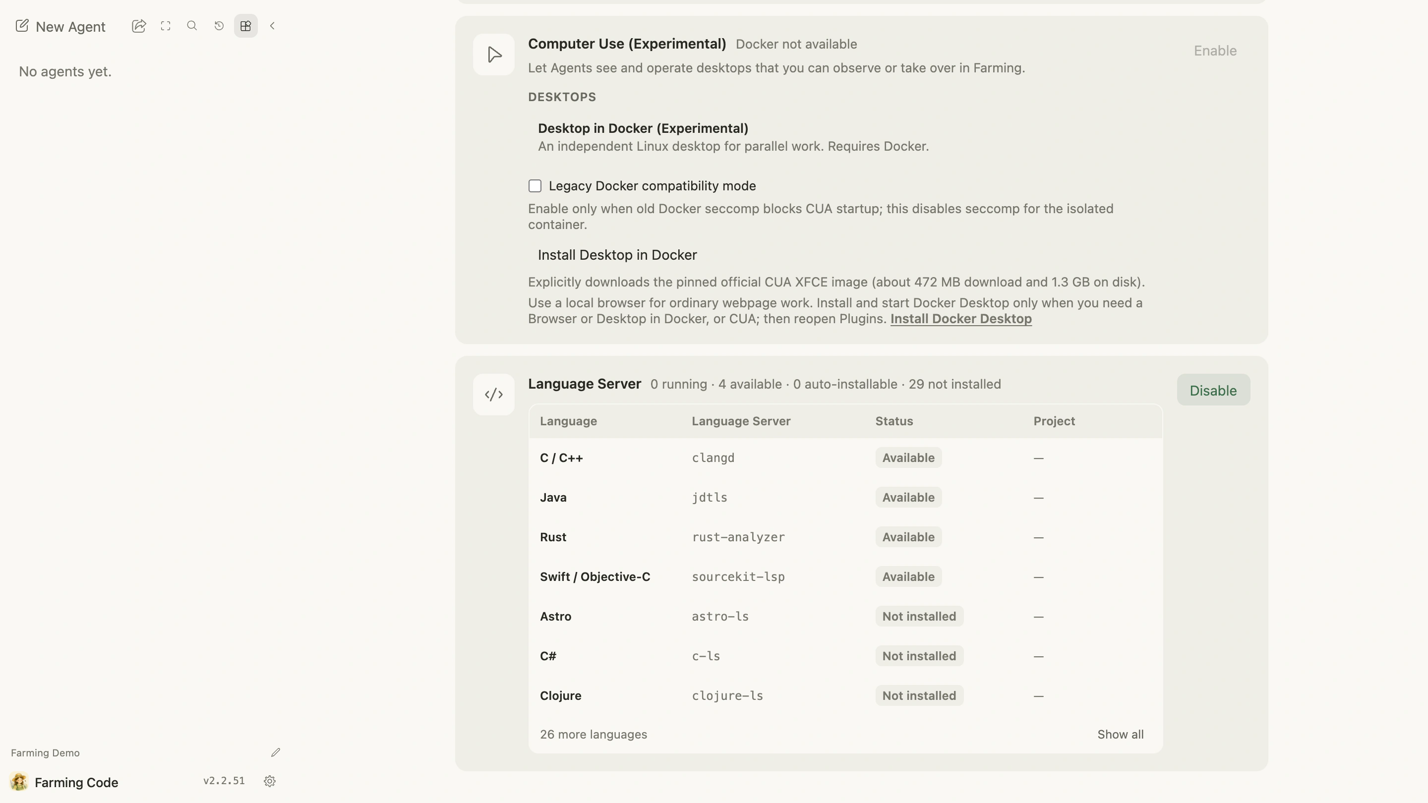 Language Server status and language inventory in Plugins