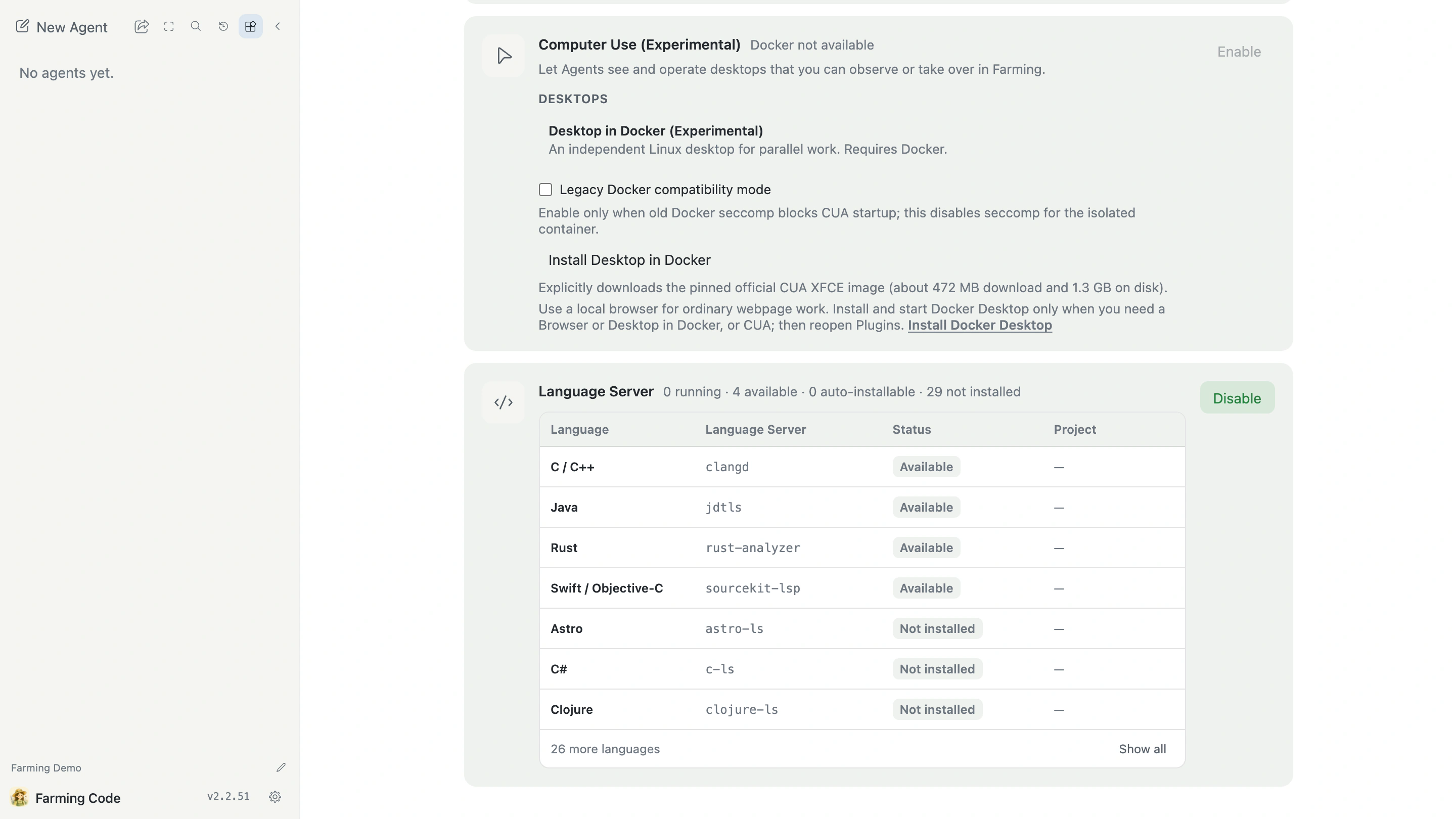 Language Server status and language inventory in Plugins